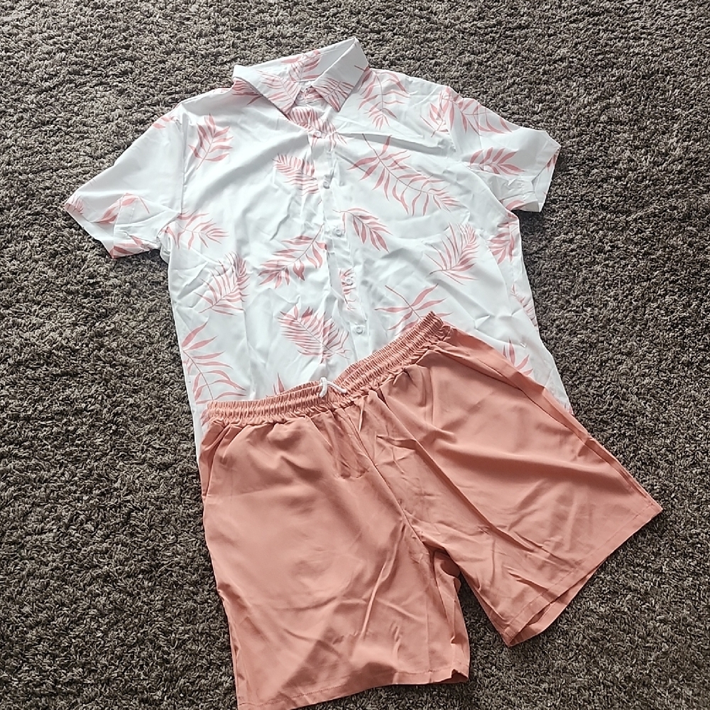 Pink Leaf Print Shirt and Shorts Set